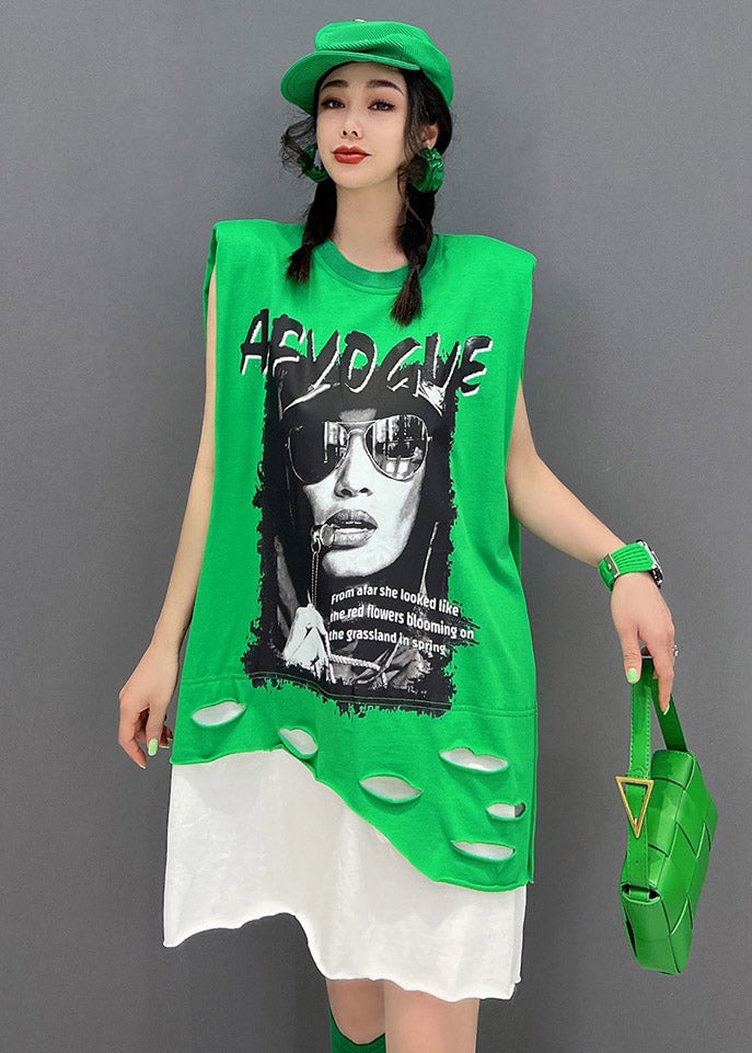 Plus Size Green O-Neck Print Patchwork Dress Sleeveless