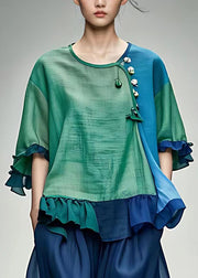 Plus Size Green O-Neck Ruffled Floral Top Half Sleeve