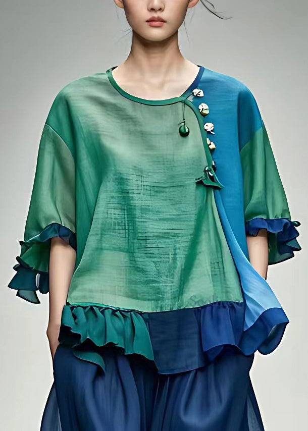 Plus Size Green O-Neck Ruffled Floral Top Half Sleeve