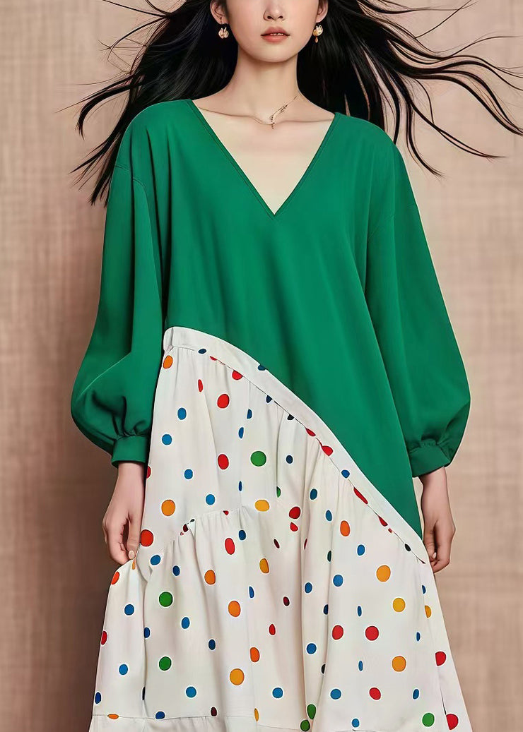 Plus Size Green Oversized Patchwork Print Cotton Dresses Fall