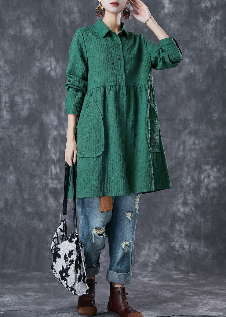 Plus Size Green Oversized Pockets Cotton Trench Fall