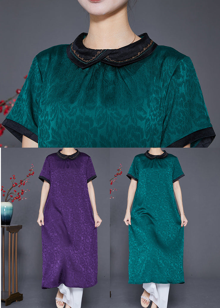 Plus Size Green Peter Pan Collar Patchwork Jacquard Silk Dress Summer