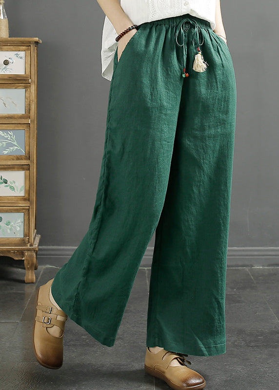 Plus Size Green Pockets Cinched Linen Wide Leg Crop Pants Fall