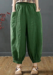 Plus Size Green Pockets Elastic Waist Cotton Harem Pants