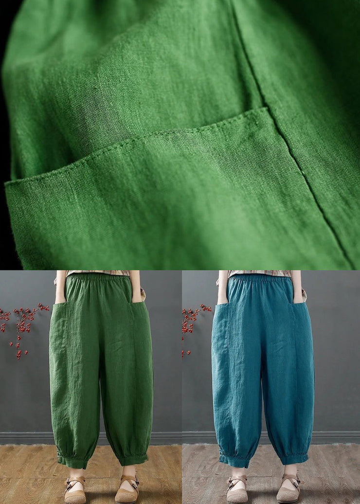 Plus Size Green Pockets Elastic Waist Cotton Harem Pants