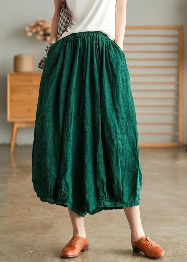 Plus Size Green Pockets Linen Crop Pants Summer