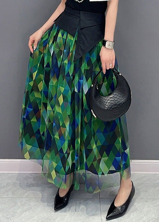 Plus Size Green Print Patchwork High Waist Tulle Skirts