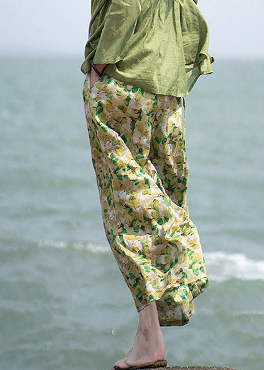 Plus Size Green Print Tie Waist Linen Wide Leg Pants Summer