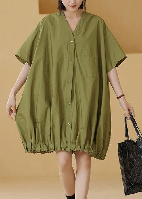 Plus Size Green Solid Button Cotton Shirts Mid Dress Short Sleeve