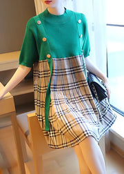 Plus Size Green Stand Collar Patchwork Plaid Knit Mid Dresses Summer