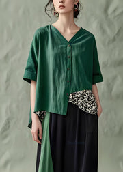 Plus Size Green V Neck Button Patchwork Cotton Top Summer