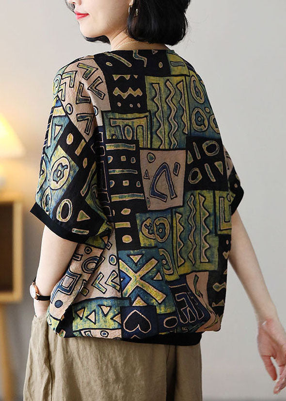 Plus Size Green V Neck Geometric Print Linen Tanks Short Sleeve