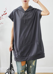 Plus Size Grey Hooded Pockets Cotton Sweatshirts Tops Summer