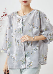 Plus Size Grey O-Neck Print Linen Blouses Half Sleeve