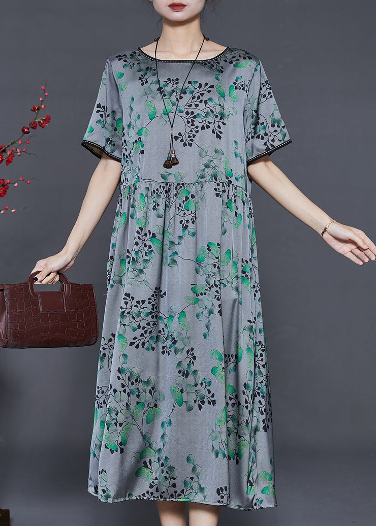 Plus Size Grey Oversized Print Silk Long Dress Summer