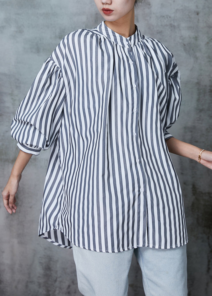 Plus Size Grey Oversized Striped Cotton Shirt Spring