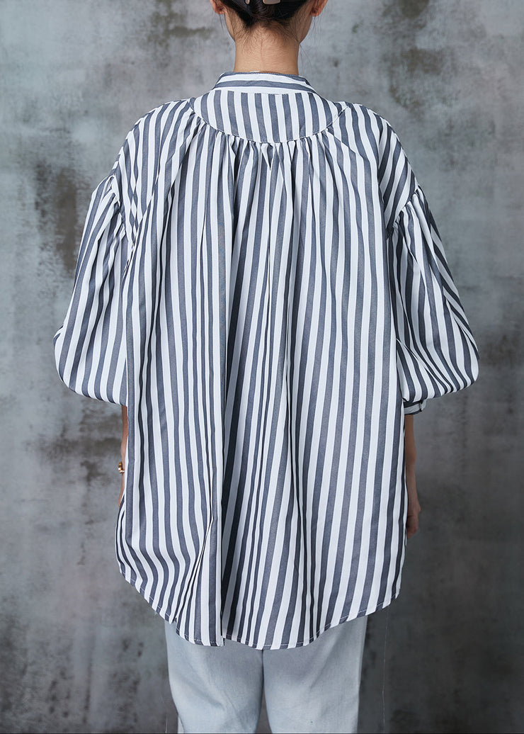 Plus Size Grey Oversized Striped Cotton Shirt Spring