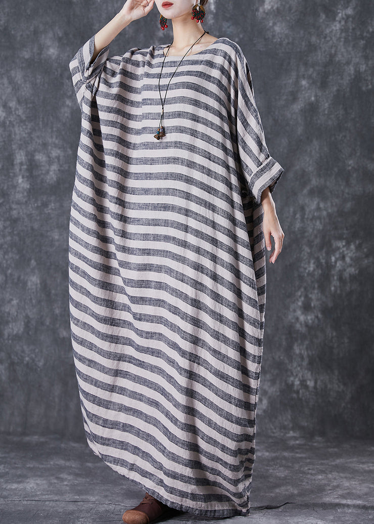 Plus Size Grey Oversized Striped Linen Ankle Dress Gown Batwing Sleeve