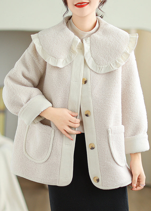 Plus Size Grey Peter Pan Collar Pockets Teddy Faux Fur Coat Winter