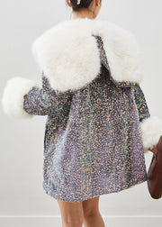 Plus Size Grey Sequins Warm Faux Fur Velour Hoodie Coat Winter