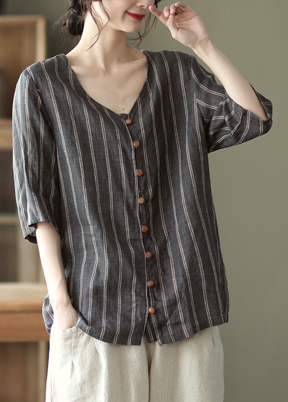 Plus Size Grey V Neck Striped Button Linen Shirts Half Sleeve