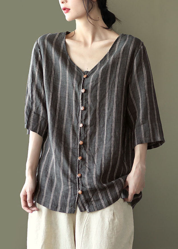 Plus Size Grey V Neck Striped Button Linen Shirts Half Sleeve