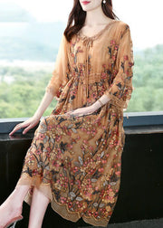 Plus Size Khaki Embroideried Cinched Silk Maxi Dresses Bracelet Sleeve