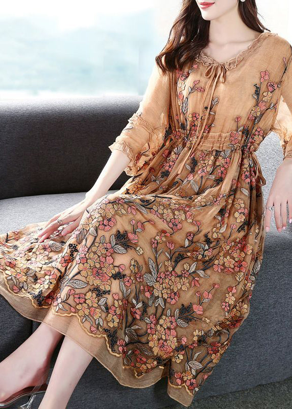 Plus Size Khaki Embroideried Cinched Silk Maxi Dresses Bracelet Sleeve