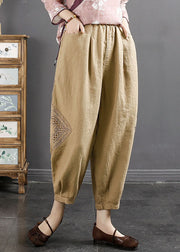 Plus Size Khaki Embroidered Floral Linen Crop Pants Summer