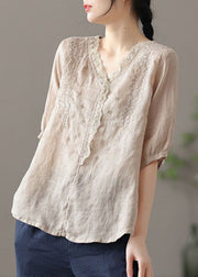 Plus Size Khaki Embroideried Lace Patchwork Linen Shirt Half Sleeve