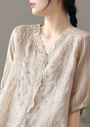 Plus Size Khaki Embroideried Lace Patchwork Linen Shirt Half Sleeve