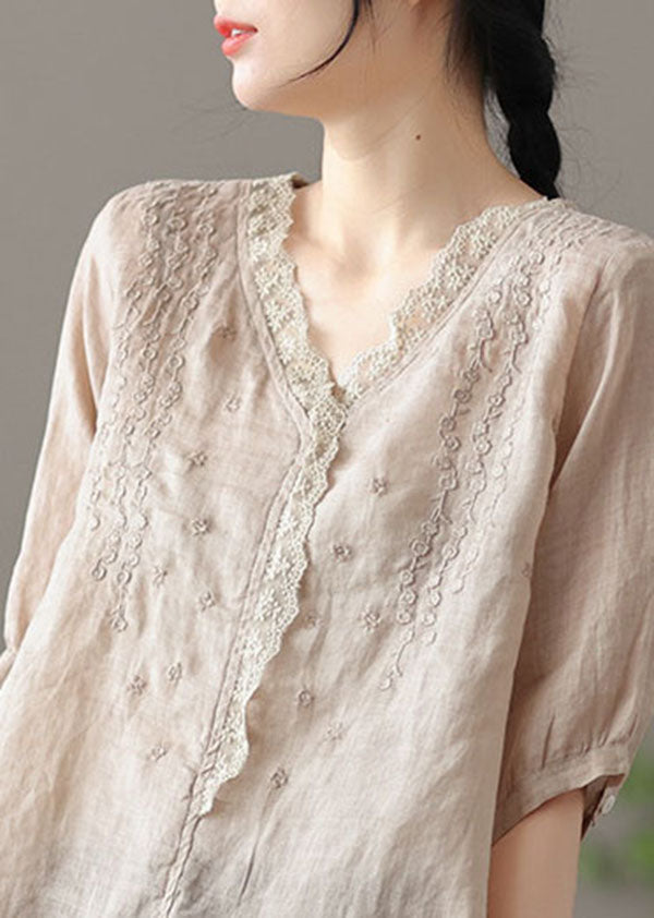 Plus Size Khaki Embroideried Lace Patchwork Linen Shirt Half Sleeve