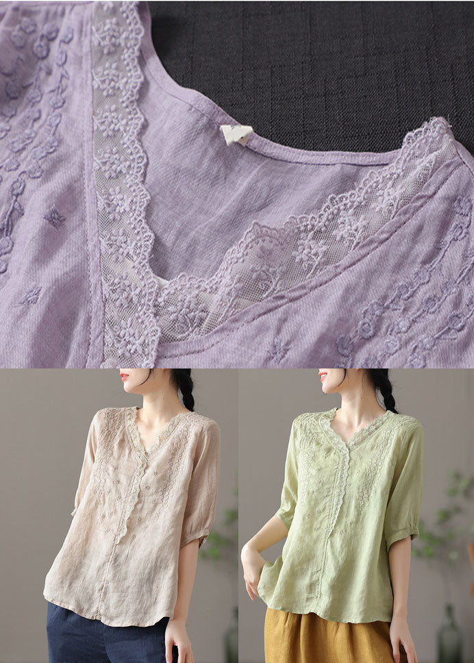 Plus Size Khaki Embroideried Lace Patchwork Linen Shirt Half Sleeve