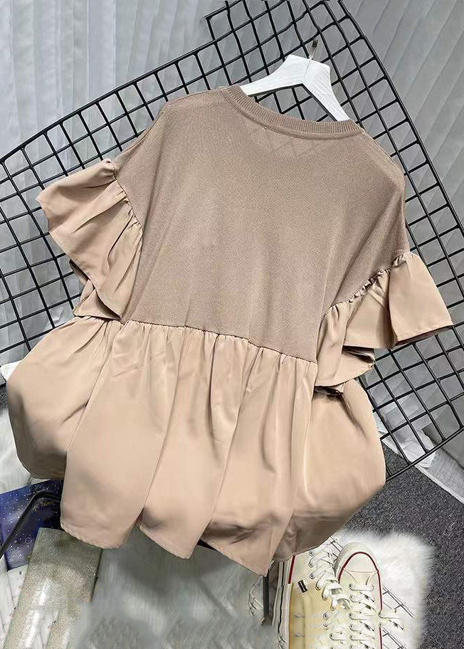 Plus Size Khaki O Neck Knit Patchwork Chiffon T Shirt Summer