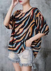 Plus Size Khaki Oversized Striped Chiffon Tops Summer