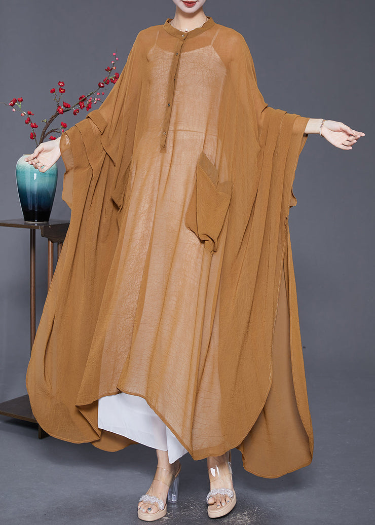 Plus Size Khaki Oversized Wrinkled Chiffon UPF 50+ Long Smock Summer