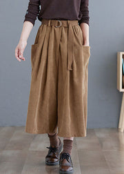 Plus Size Khaki Sashes Corduroy Crop Wide Leg Pants