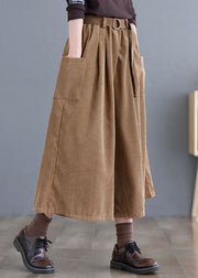 Plus Size Khaki Sashes Corduroy Crop Wide Leg Pants