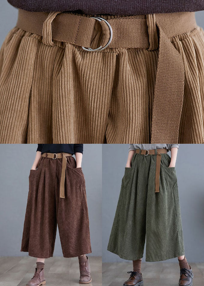 Plus Size Khaki Sashes Corduroy Crop Wide Leg Pants