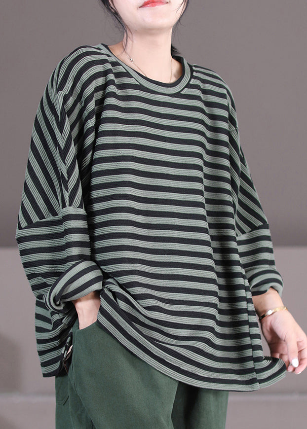 Plus Size Khaki Striped O-Neck Patchwork Sweatshirts Fall