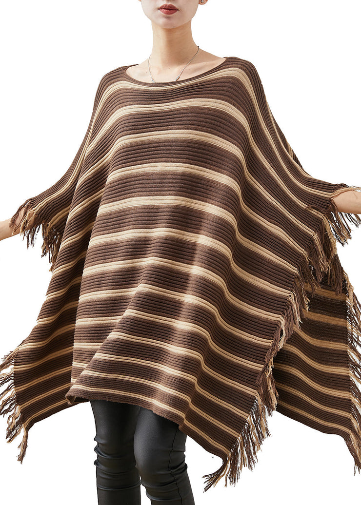 Plus Size Khaki Striped Tasseled Knit Mini Dresses Spring