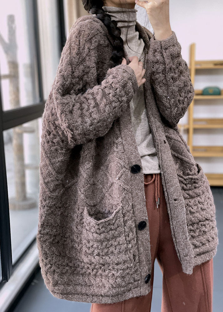 Plus Size Khaki V Neck Cable Rabbit Hair Knit Loose Cardigans Winter