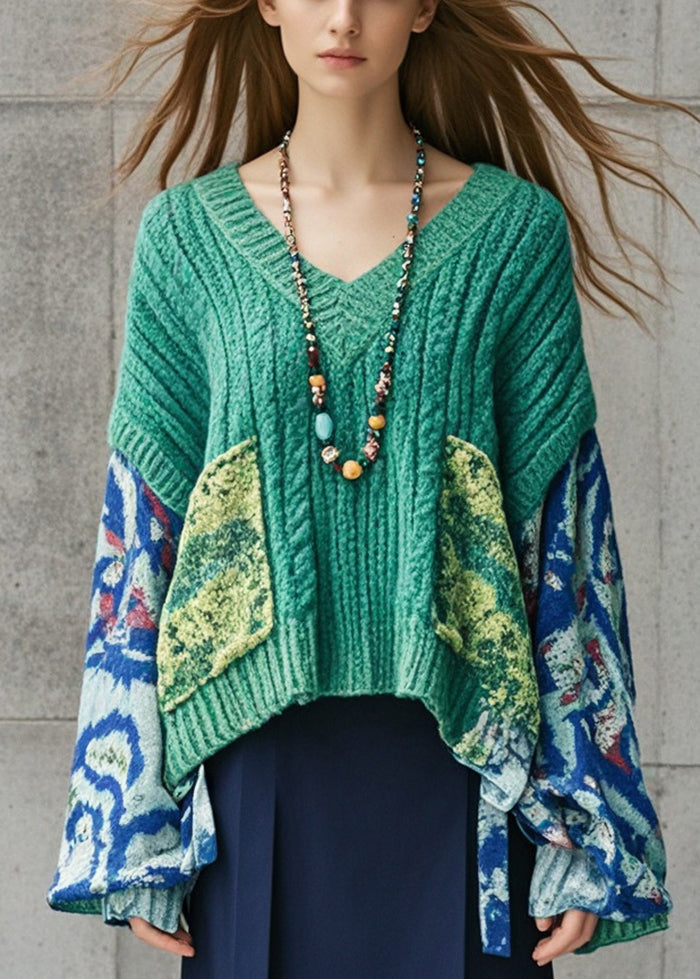 Plus Size Lake Green Oversized Patchwork Knit Sweater Fall