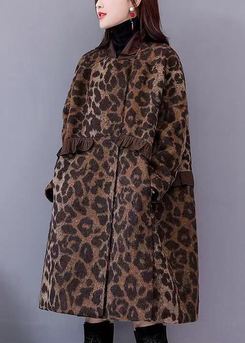 Plus Size Leopard Ruffled Pockets Thick Woolen Coats Long Sleeve