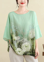 Plus Size Light Green O Neck Print Cotton T Shirt Batwing Sleeve