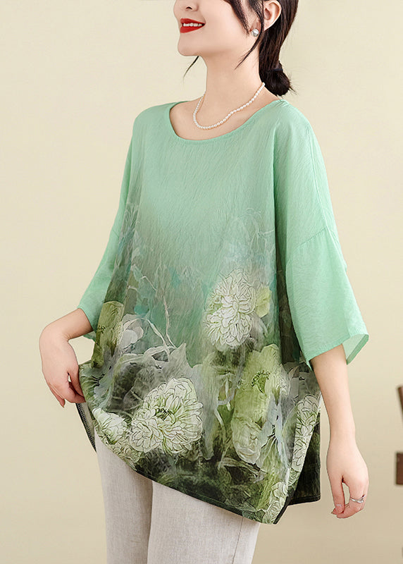 Plus Size Light Green O Neck Print Cotton T Shirt Batwing Sleeve