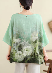 Plus Size Light Green O Neck Print Cotton T Shirt Batwing Sleeve