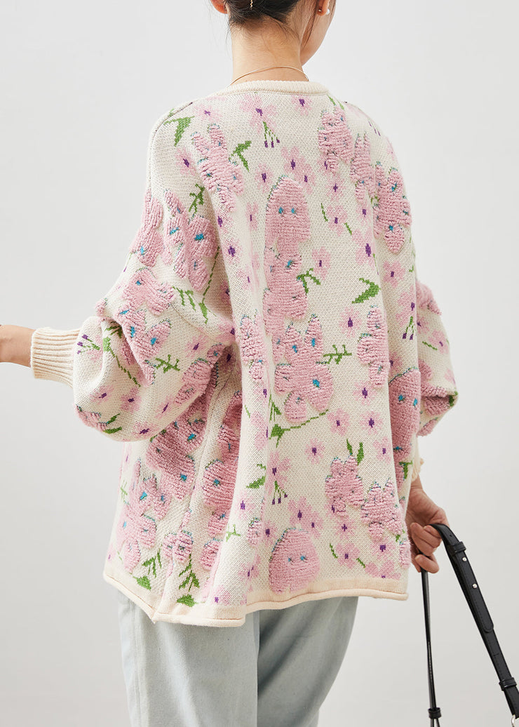 Plus Size Light Pink Oversized Jacquard Knit Cardigans Winter