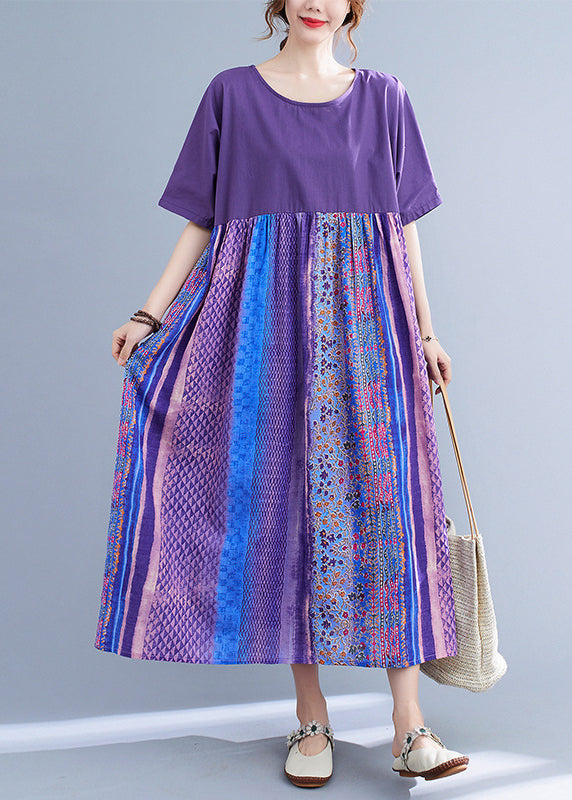 Plus Size Llight Purple Patchwork Print Maxi Dress Summer