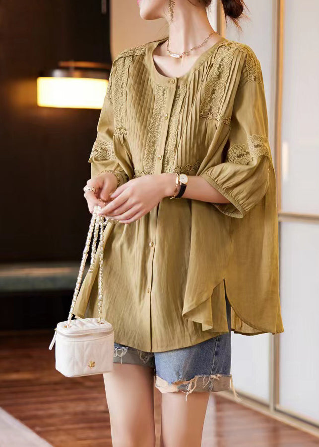 Plus Size Mulberry O-Neck Patchwork Wrinkled Shirts Bracelet Sleeve